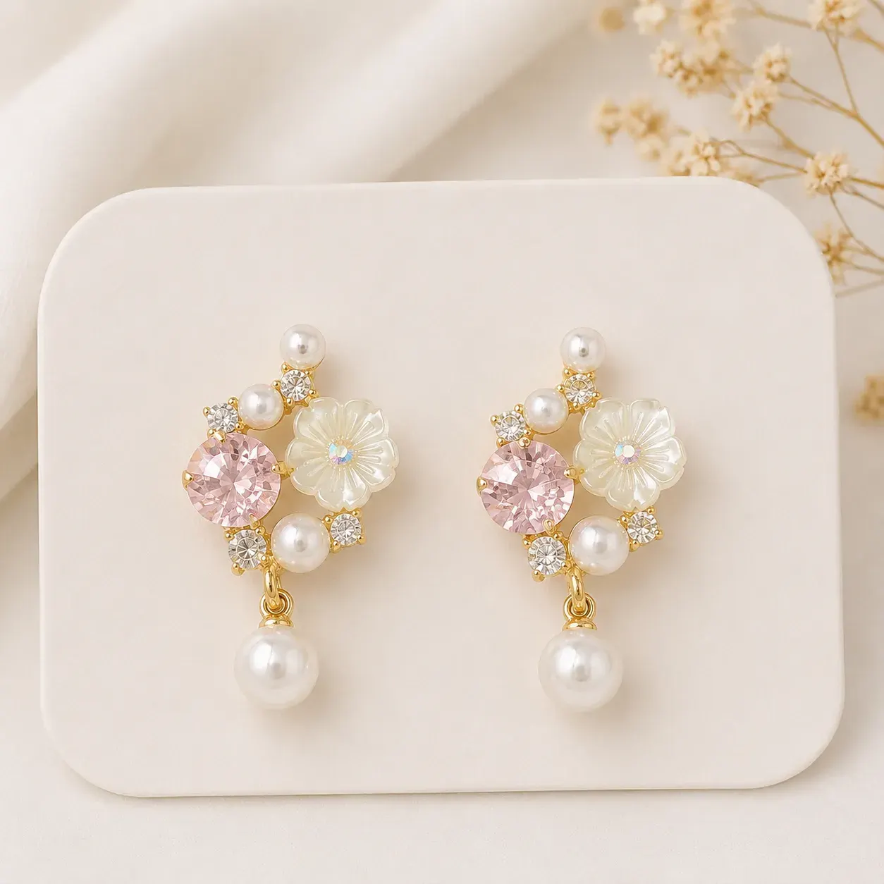 Flower Blush Stone Pearl Earing