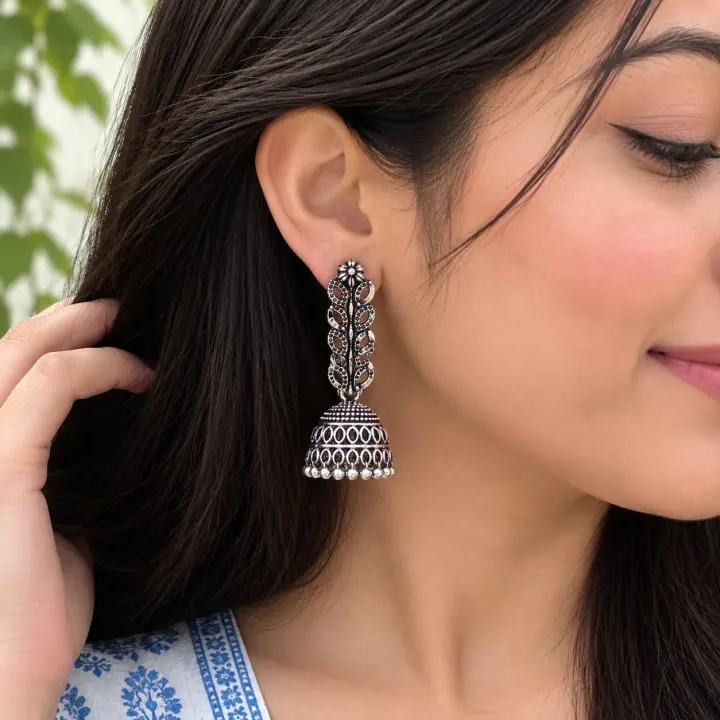🌼 Floral Oxidised Jhumka