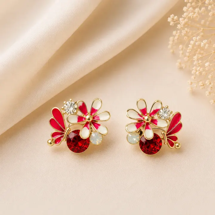 Red Shine Floral Studs