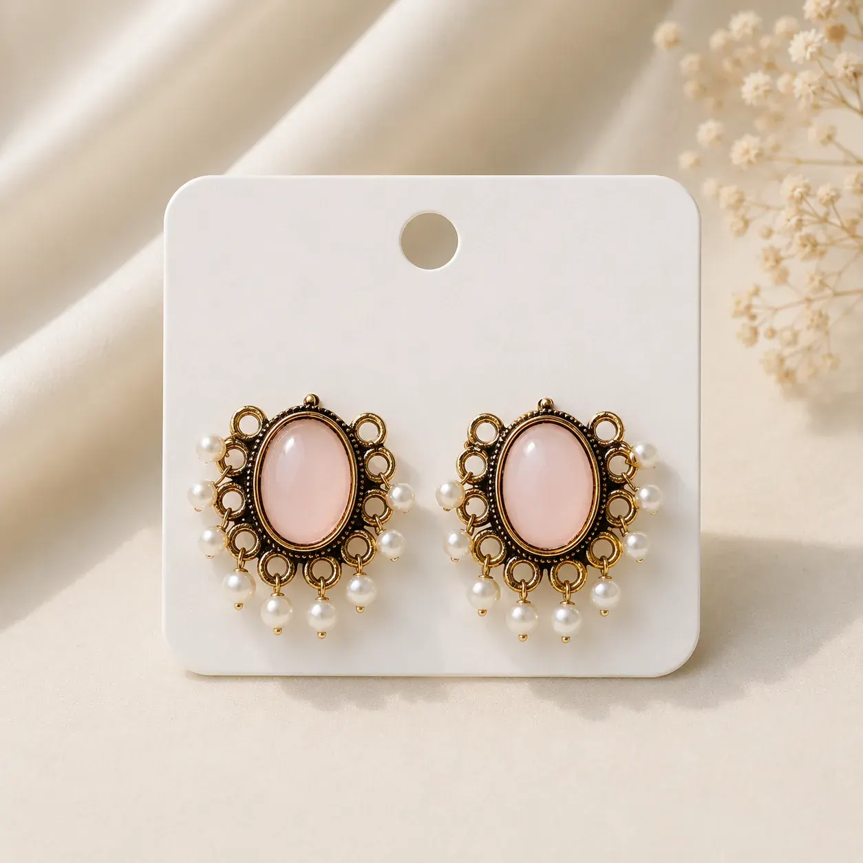 Traditional Pink Oval Shaped Earings