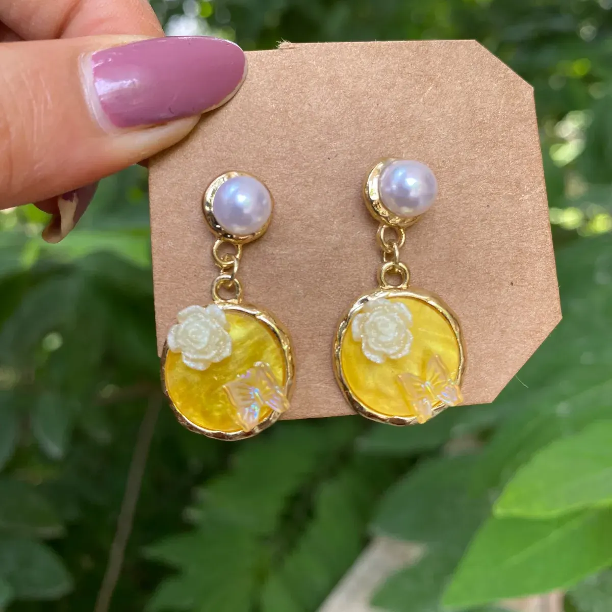 Yellow Rose Butterfly Pearl Drop Earing