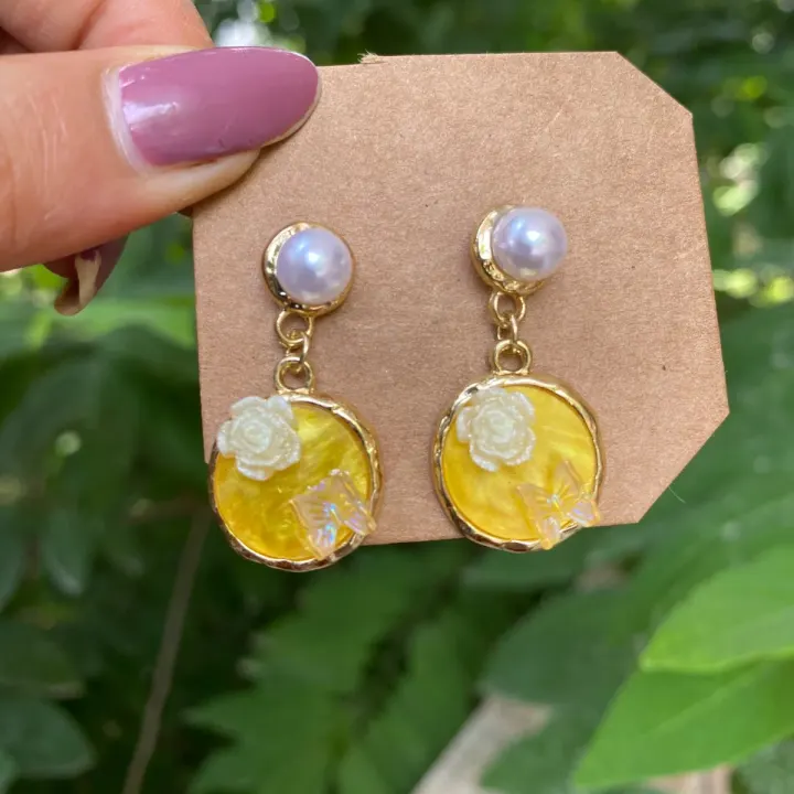 Yellow Rose Butterfly Pearl Drop Earing