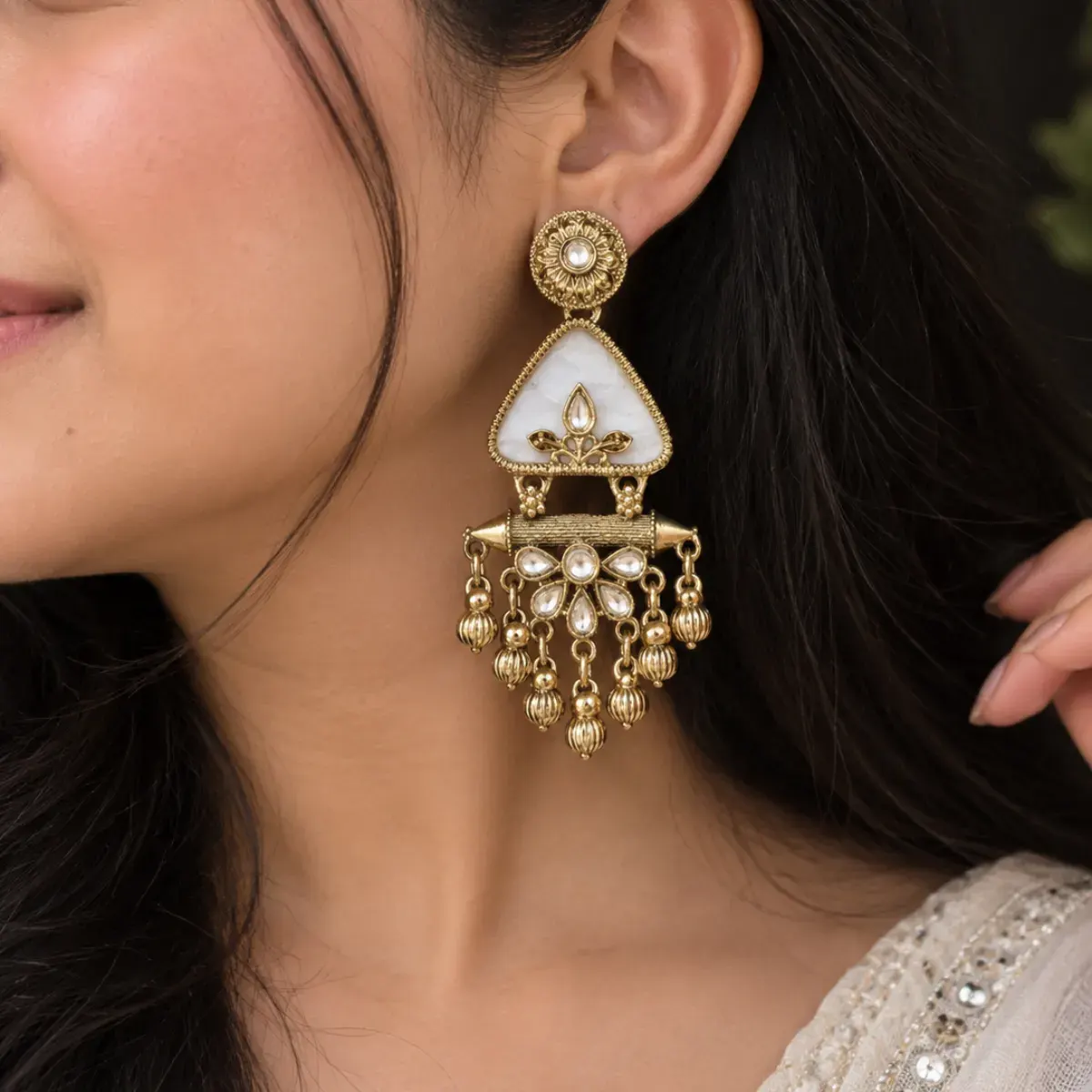 Gold -toned Kundan Chandbali Earing with White Stone and Ghungroo Drops
