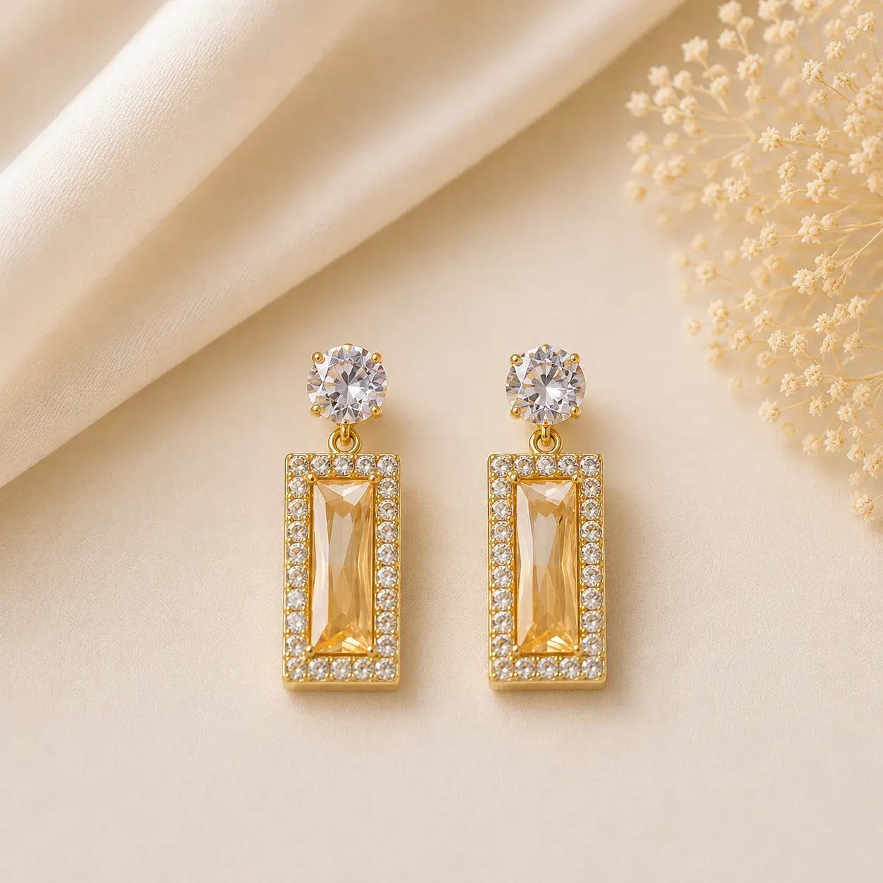 Golden Crystal Rectangular Earing