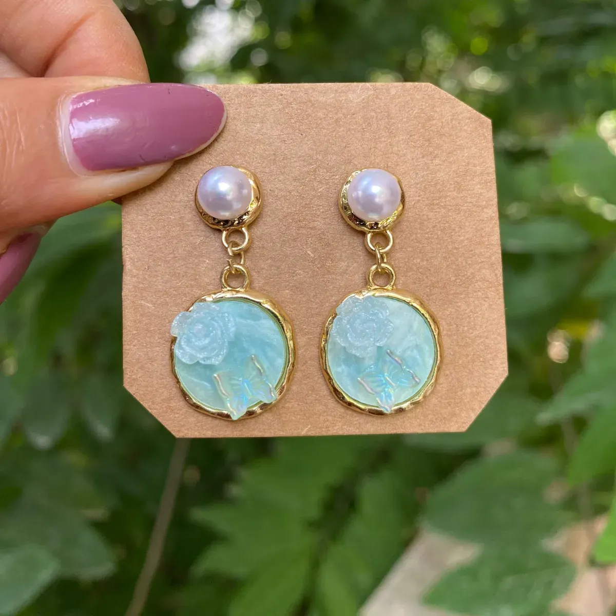Aqua Blue Rose Butterfly Pearl Drop Earing