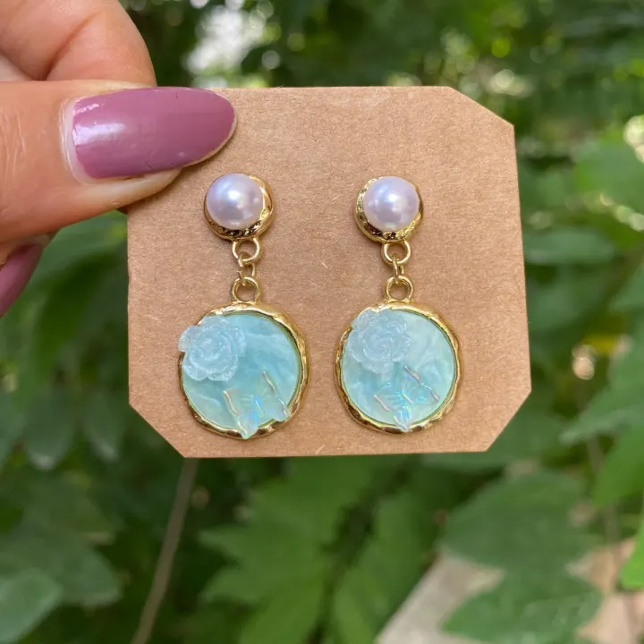 Aqua Blue Rose Butterfly Pearl Drop Earing