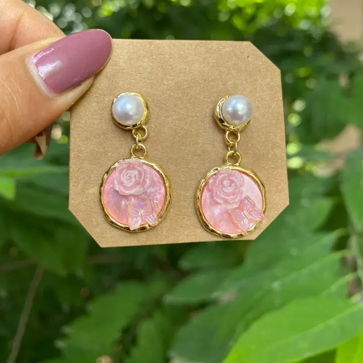 Rosey Pink  Rose Butterfly Pearl Drop Earing