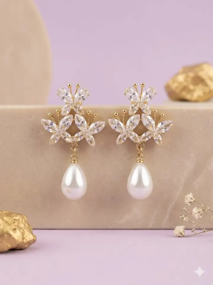 Golden Triple Butterfly with Pearl Drop Earings