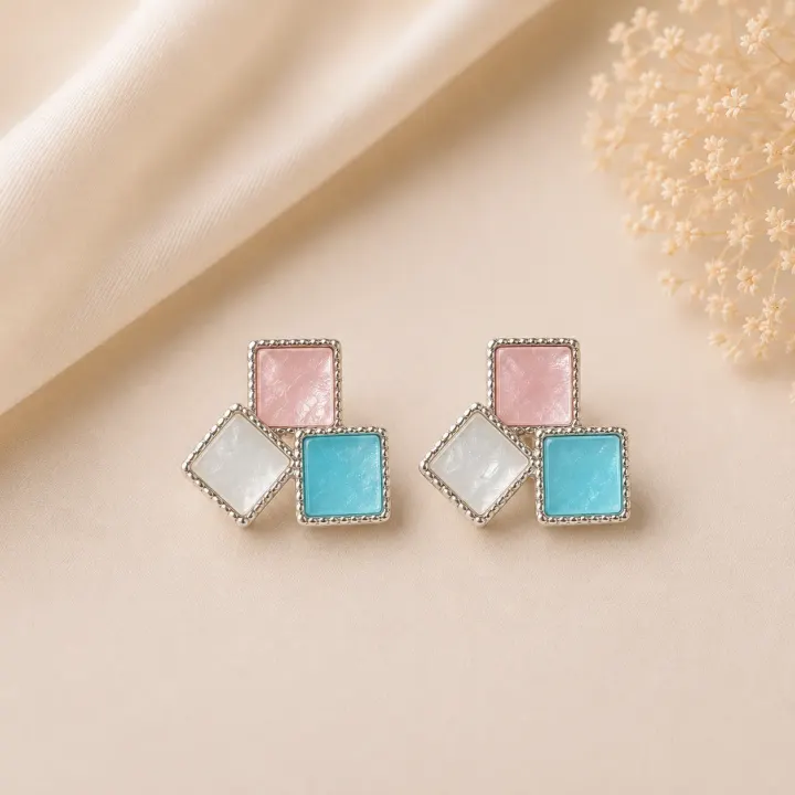 Triple Square Silver Earings