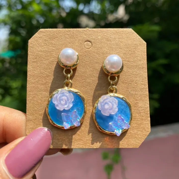 Blue Rose Butterfly Pearl Drop Earing