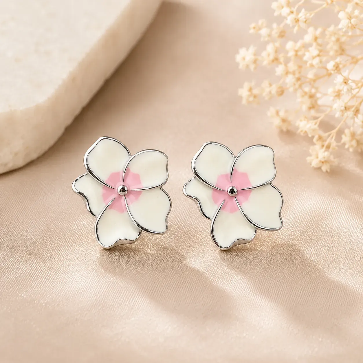 White Pink Flower Studs