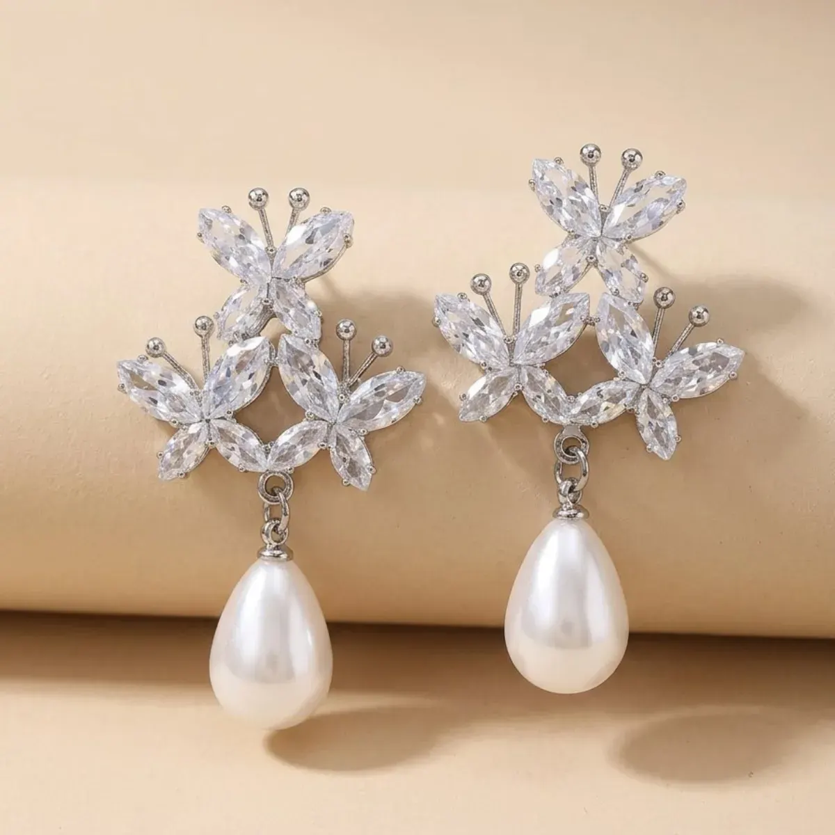 Silver  Triple Butterfly with Pearl Drop Earings