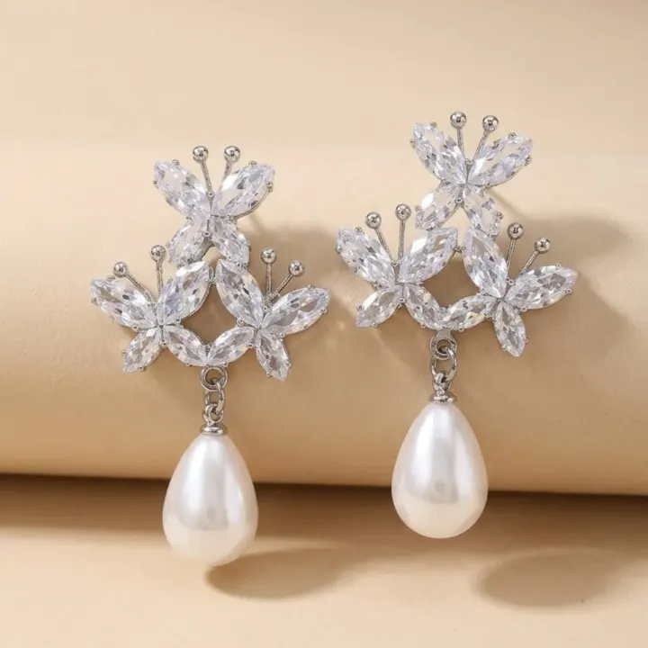 Silver  Triple Butterfly with Pearl Drop Earings