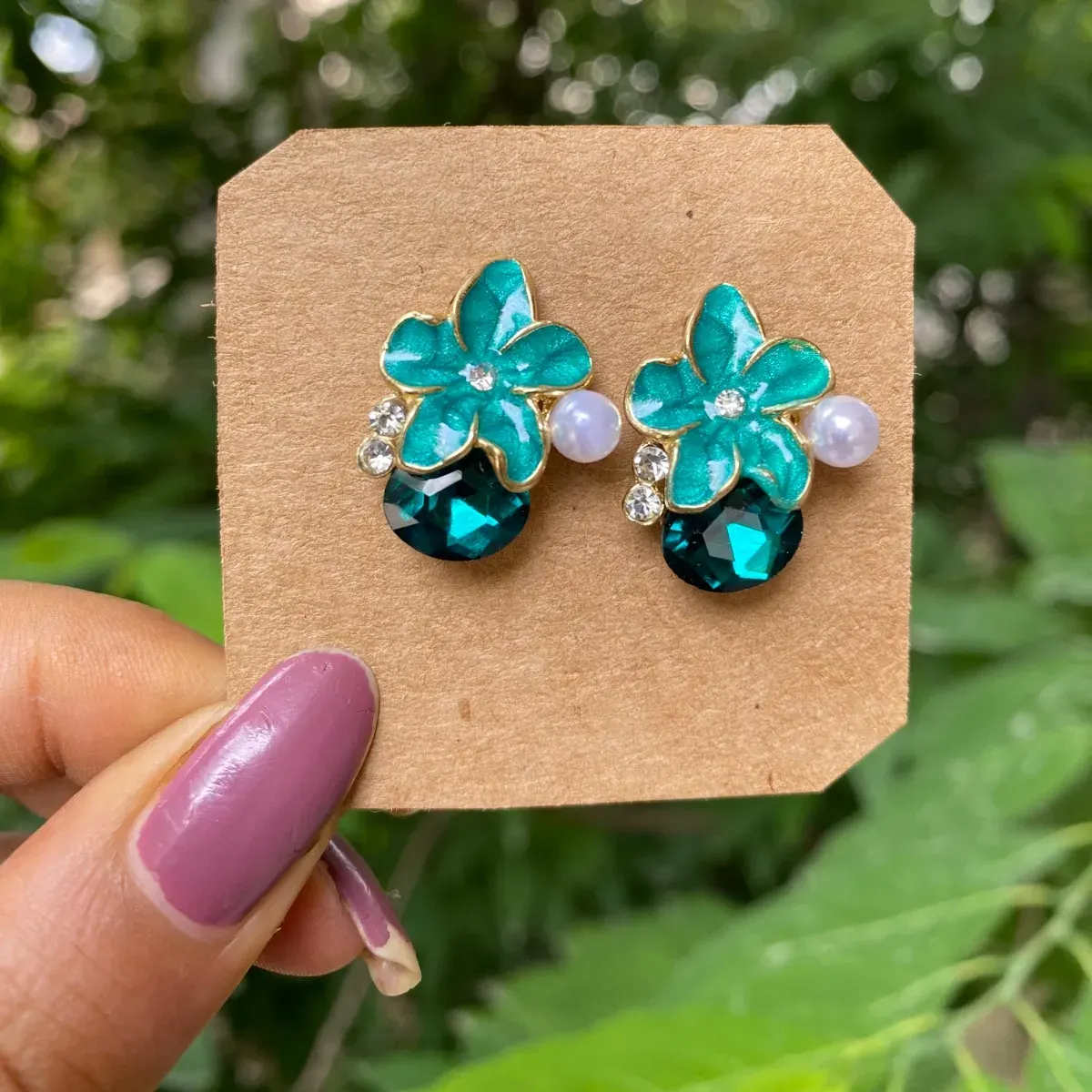 Enamel Green Flower Stud