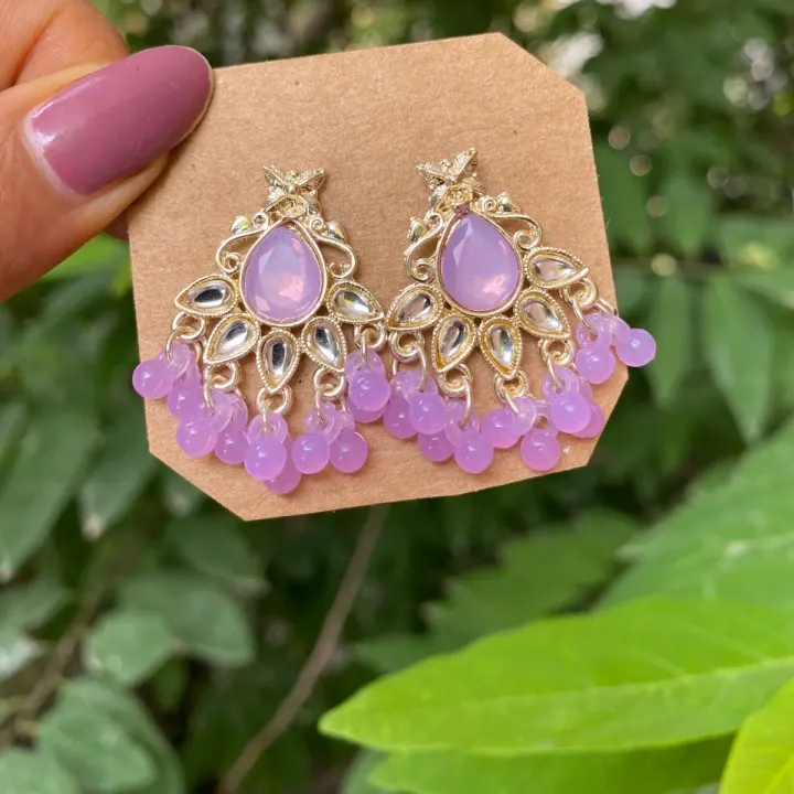 Traditional Pastel Purple Kundan Chandbali Earing