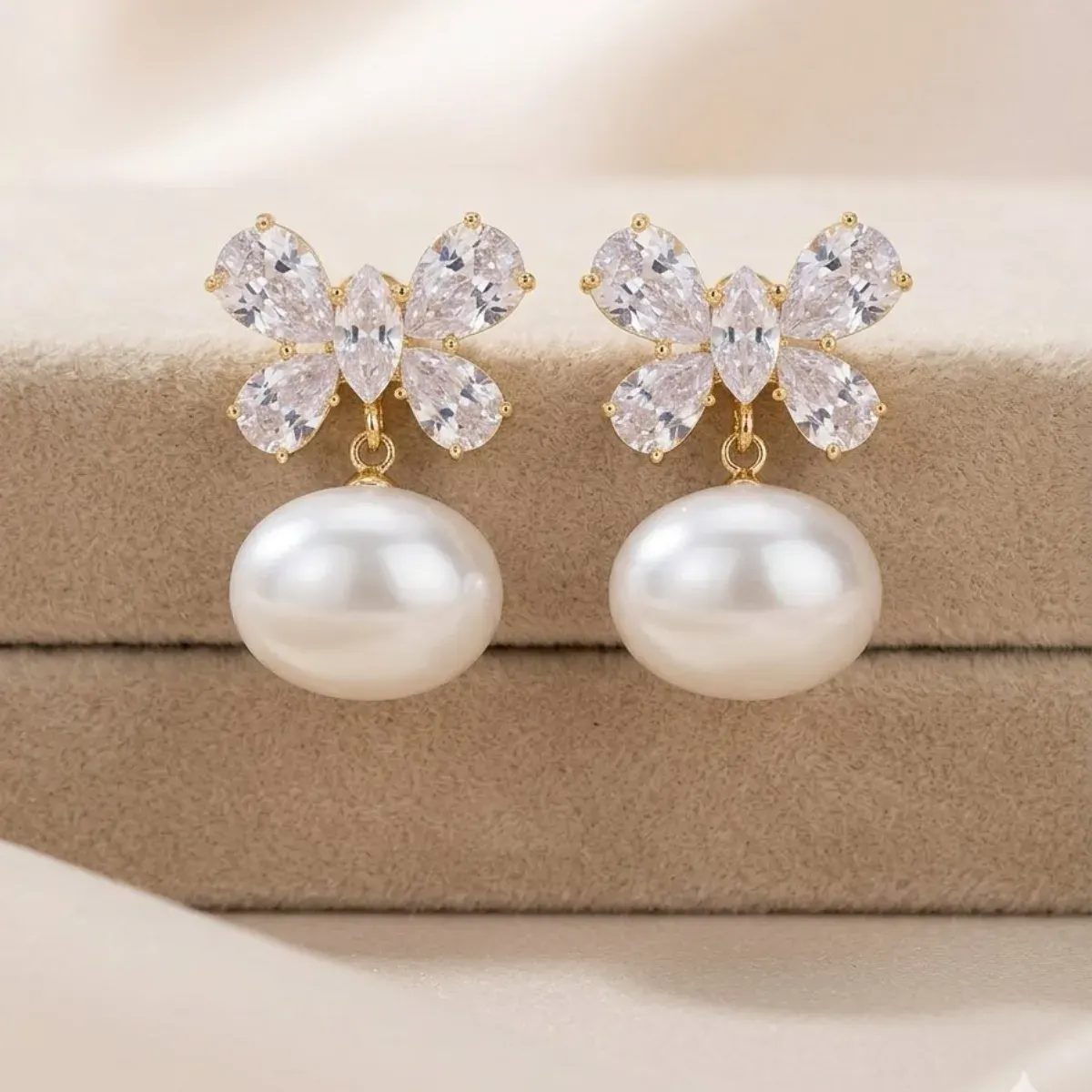 Crystal Butterfly with Large Round Pearl Earings
