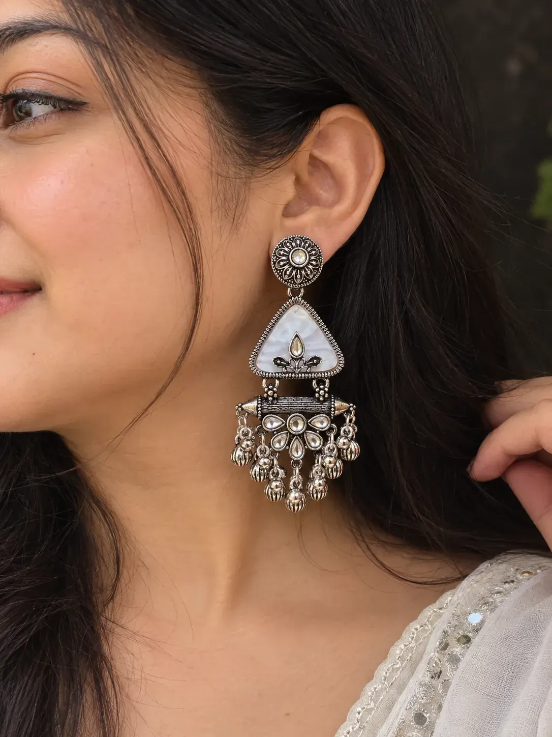 Silver tone White stone Ghunguru Drop Earing