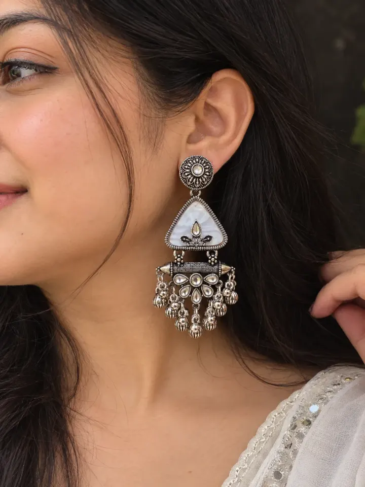 Silver tone White stone Ghunguru Drop Earing