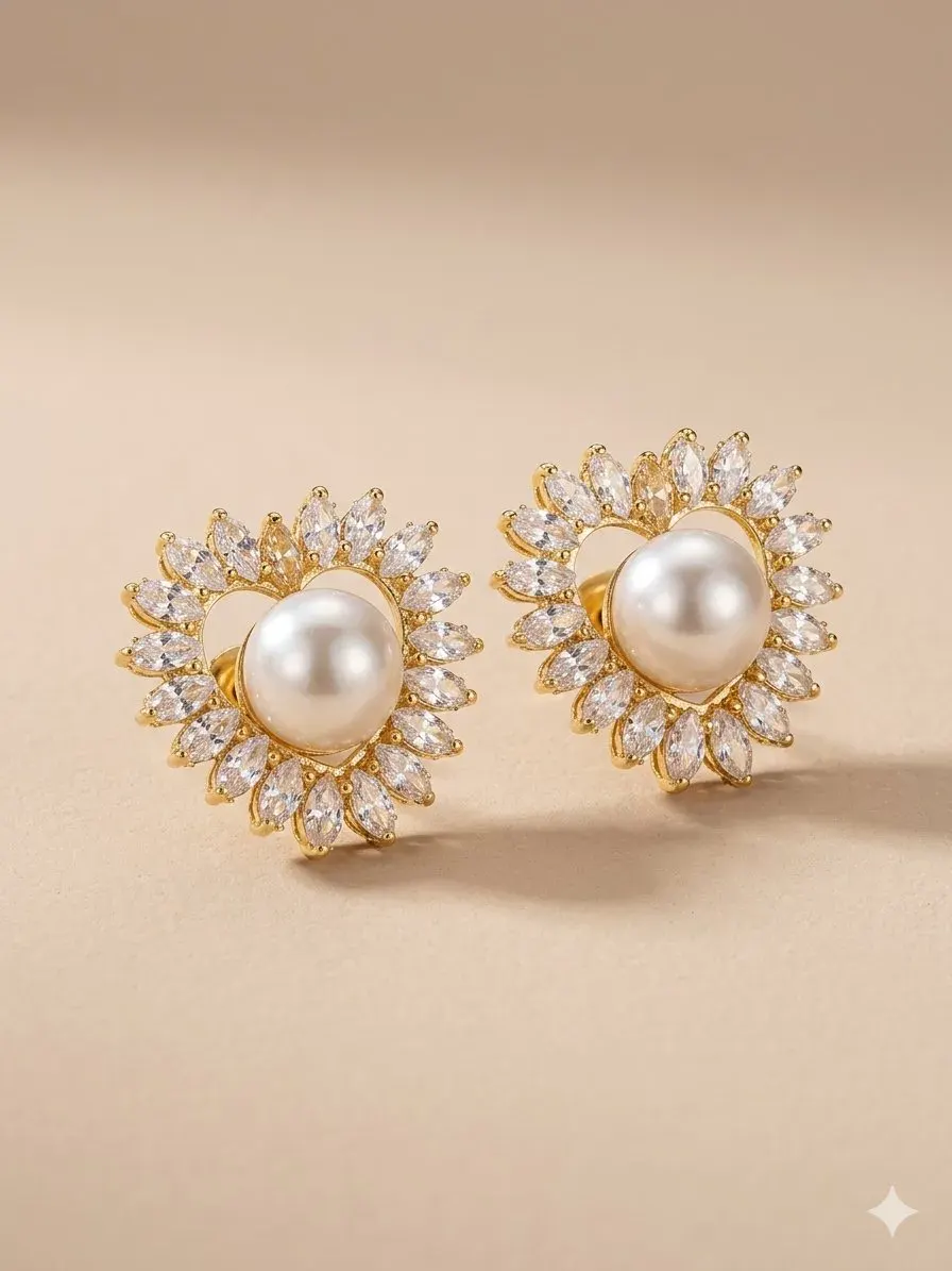 Heart-Shaped Cluster with Center Pearl Studs