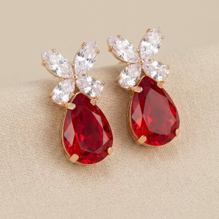 Royal Red Teardrop & Marquise Cluster Earings
