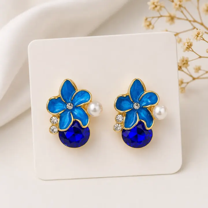 Navy Blue Enamel Flower Studs