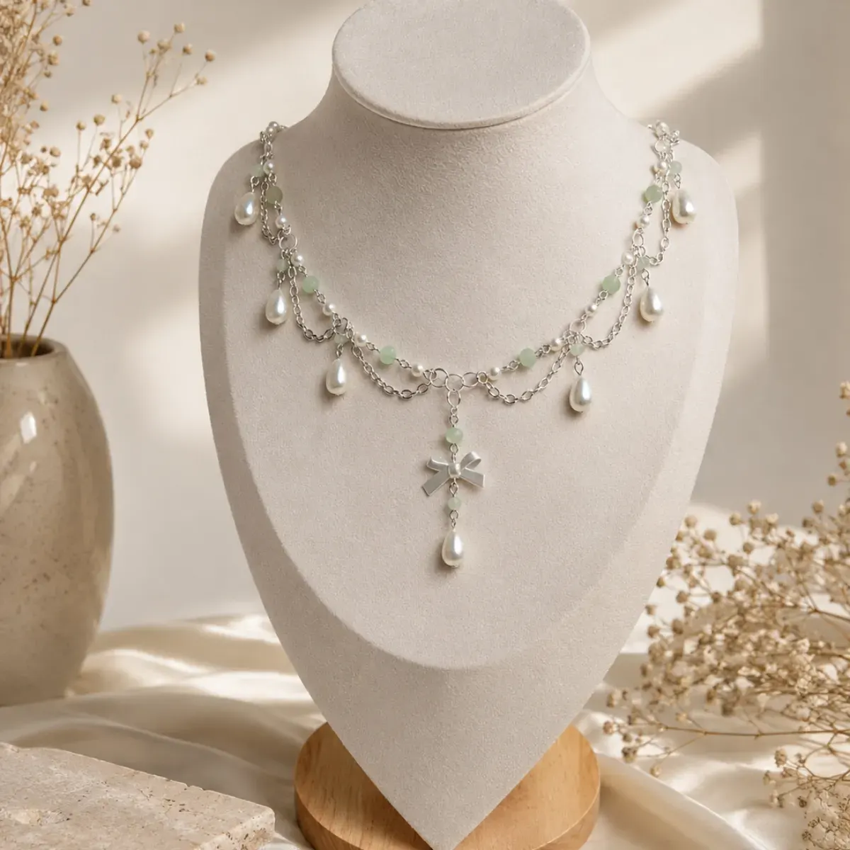 Mint Pearl Bow Charm Necklace